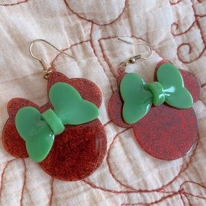Red glitter and green bow Minnie Mouse acrylic earrings Disney inspo Christmas